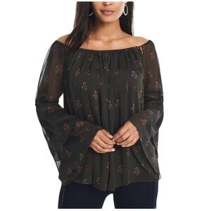 Size S WHITE HOUSE BLACK MARKET‎ Olive Floral Off Shoulder Chiffon Blouse Top